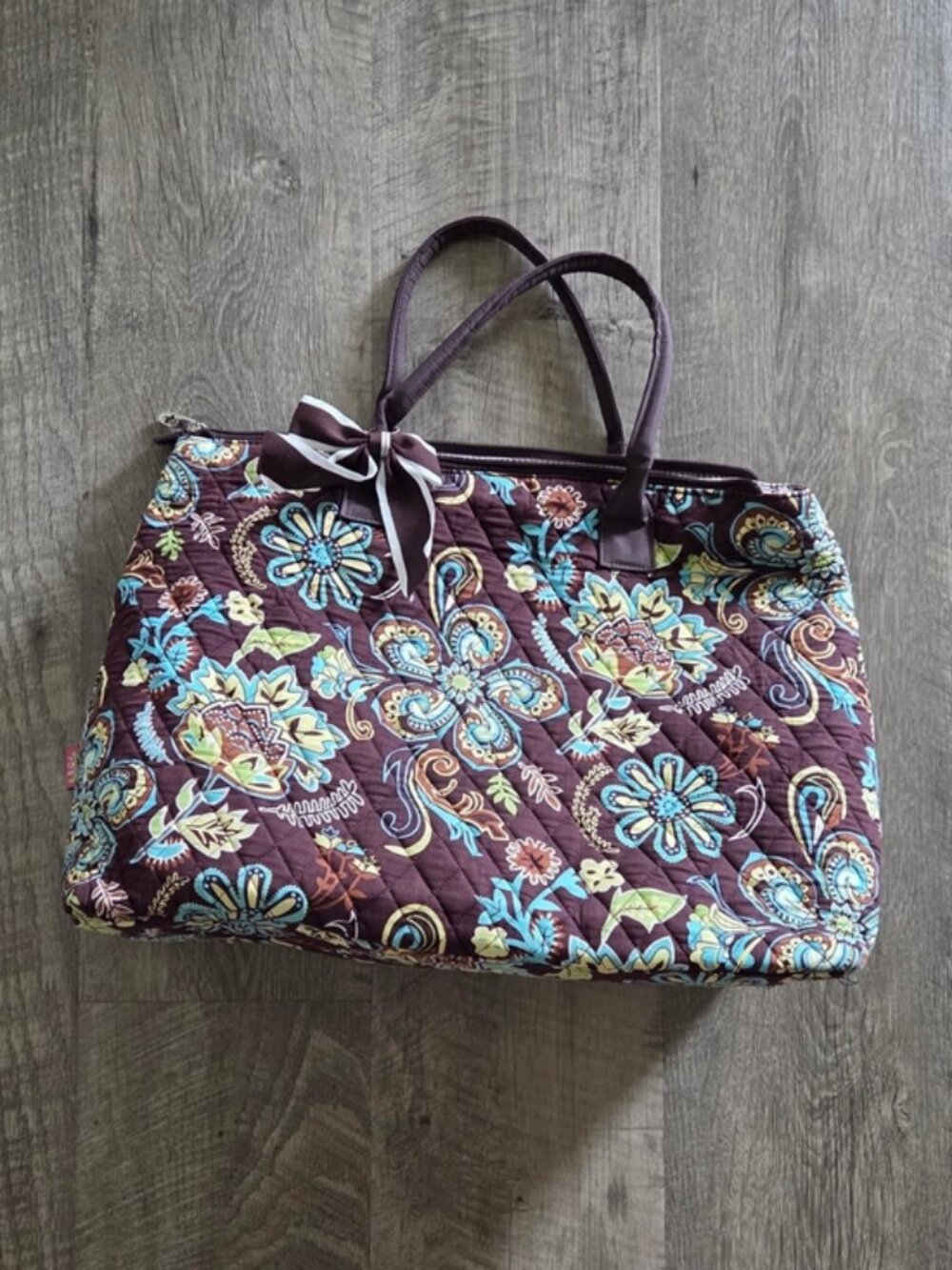 N.Gil Quilted Brown and Green Floral Tote Bag.